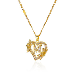 Simple Fashion Hollowed-out Love Heart Flowers 26 English Letters Diamond Pendant Necklace