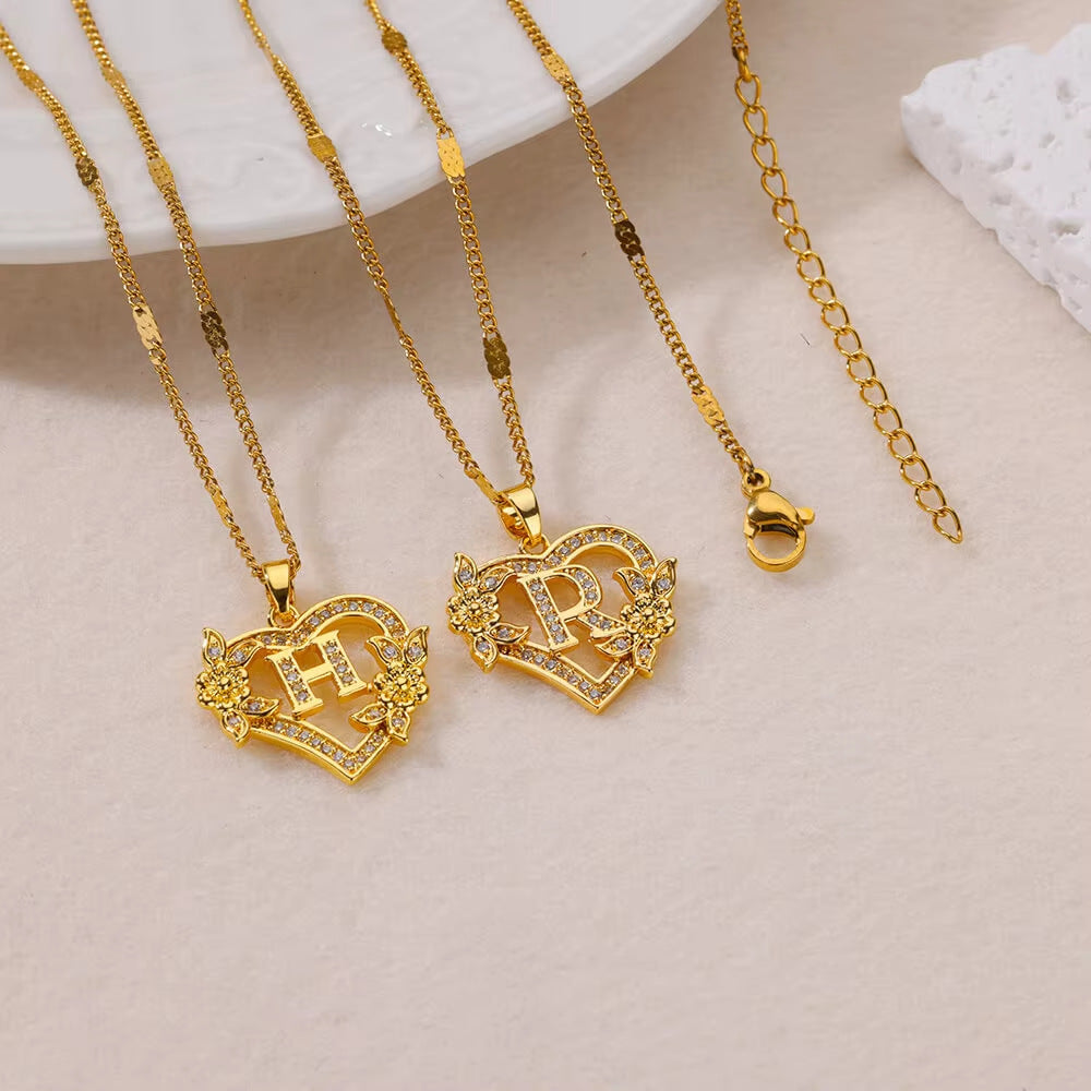 Simple Fashion Hollowed-out Love Heart Flowers 26 English Letters Diamond Pendant Necklace