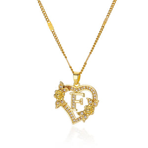 Simple Fashion Hollowed-out Love Heart Flowers 26 English Letters Diamond Pendant Necklace