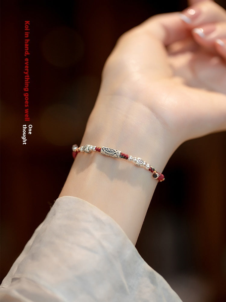 925 Silver Lucky Koi Braided Rope Red Bracelet